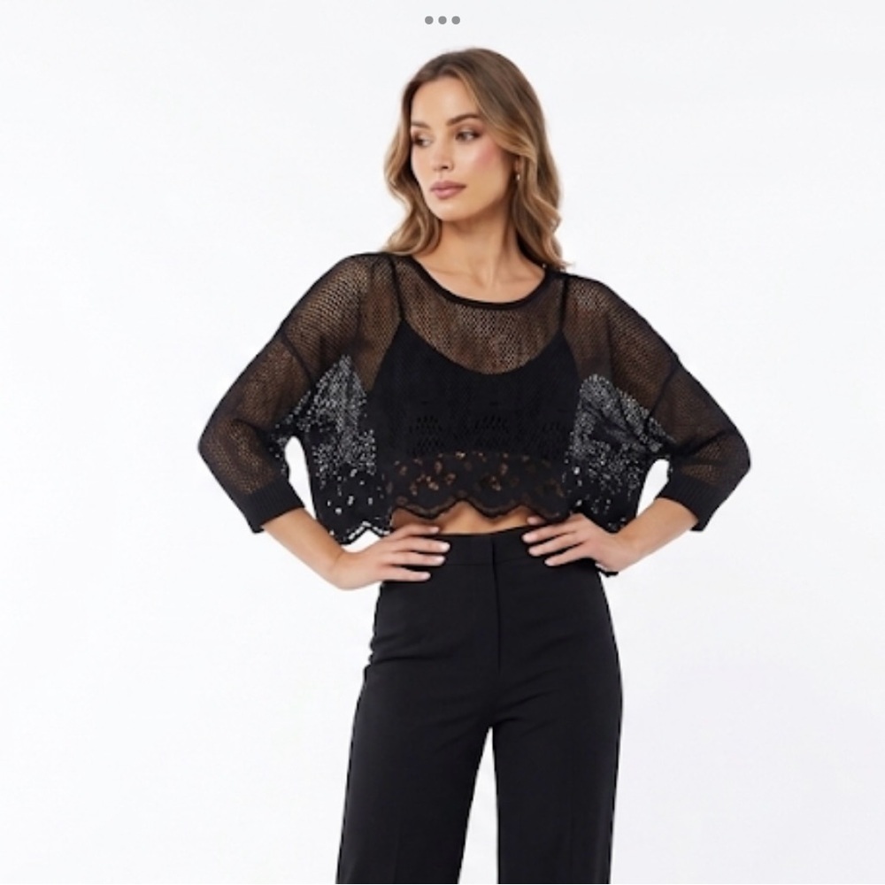 WOO California Lace Crop Topper Sz L Black Whimsigoth Dark Romantic Fairy Boho